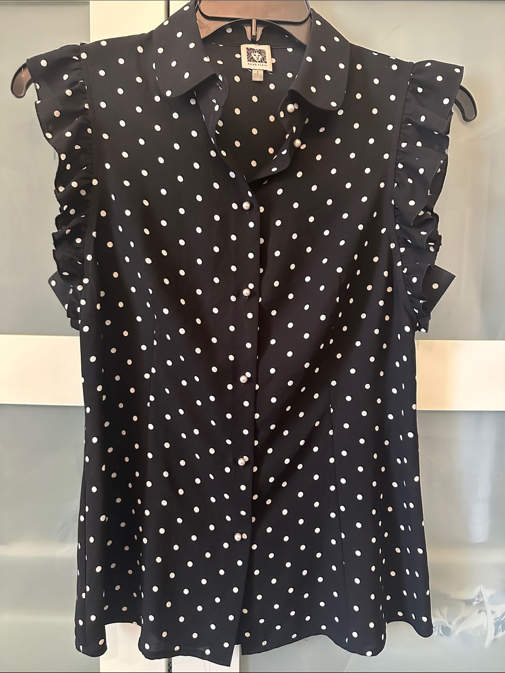 Anne Klein Black Polka Dot Ruffle Sleeve Blouse